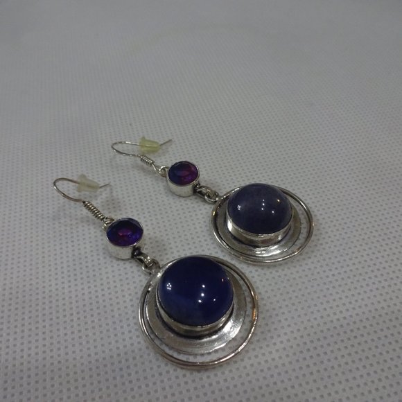 Modern "BLUE AVENTURINE & BI-COLOR TOURMALINE" Handmade Sterling Dangle Earrings - Picture 2 of 3